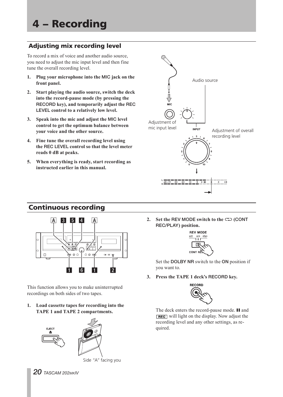 Adjusting mix recording level, Continuous recording, Important safety precautions | 4 − recording | Tascam D00935220B User Manual | Page 20 / 28