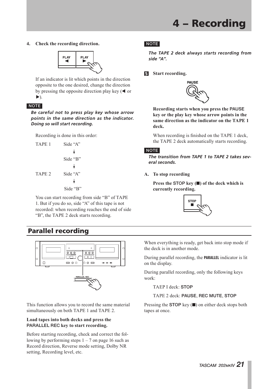 Parallel recording, Important safety instructions, 4 − recording | Tascam D00935220B User Manual | Page 21 / 28