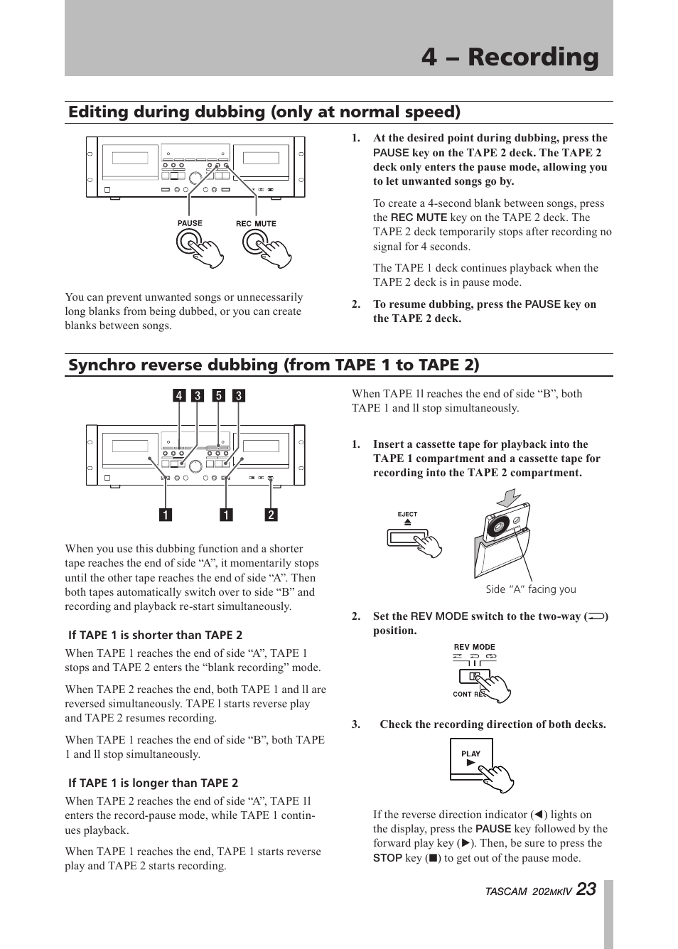 Editing during dubbing (only at normal speed), Synchro reverse dubbing (from tape i to tape ii), Tape 1 to tape 2) | Important safety instructions, 4 − recording, Synchro reverse dubbing (from tape 1 to tape 2) | Tascam D00935220B User Manual | Page 23 / 28