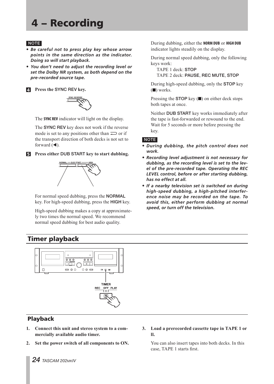 Timer playback, Playback, Important safety precautions | 4 − recording | Tascam D00935220B User Manual | Page 24 / 28