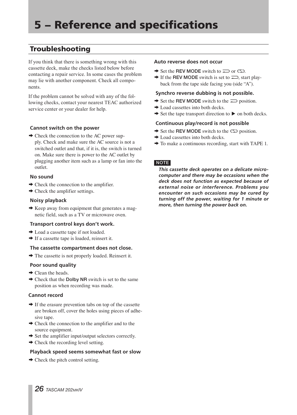 5 − reference and specifications, Troubleshooting, 5 − reference and | Specifications, Important safety precautions | Tascam D00935220B User Manual | Page 26 / 28