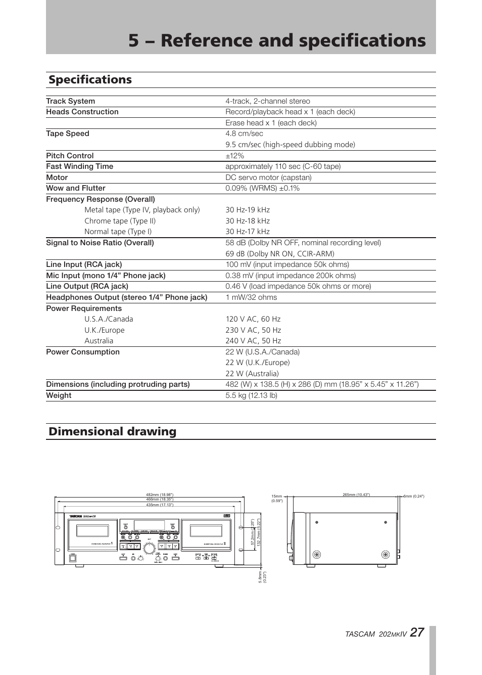 Specifications, Dimensional drawing, Specifications dimensional drawing | Important safety instructions, 5 − reference and specifications | Tascam D00935220B User Manual | Page 27 / 28