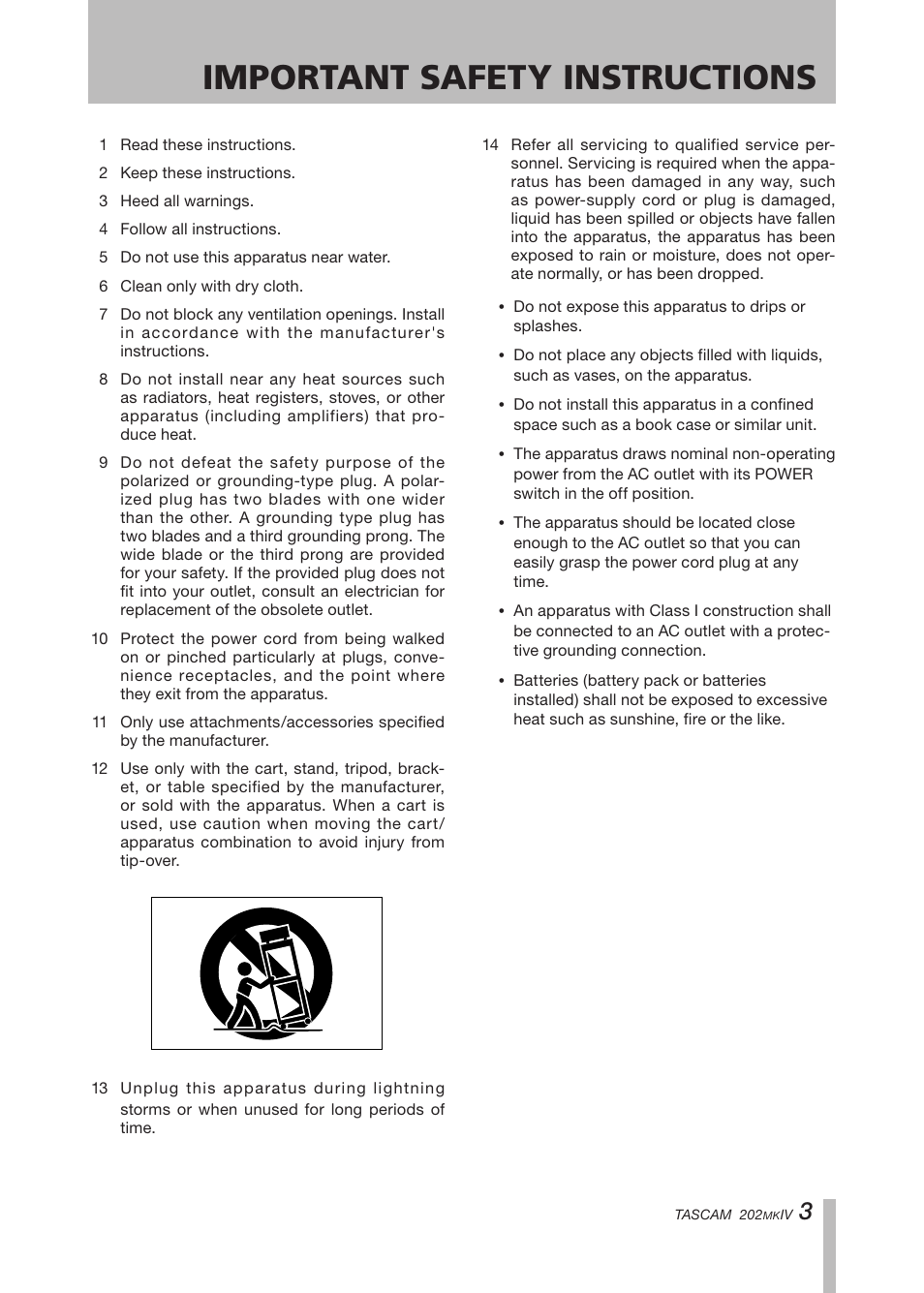 Important safety instructions | Tascam D00935220B User Manual | Page 3 / 28