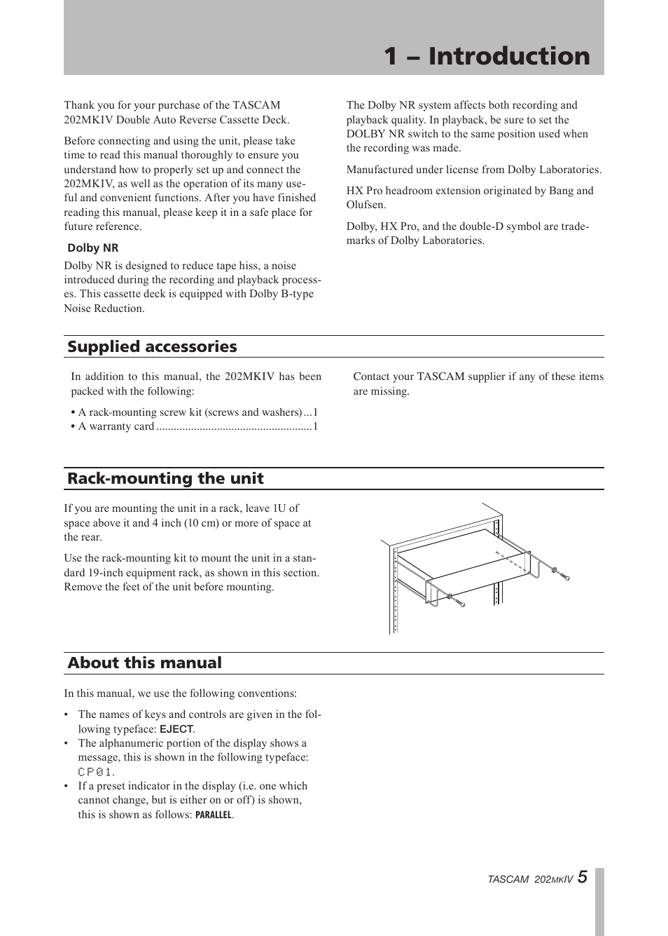 1 − introduction, Supplied accessories, Rack-mounting the unit | About this manual, Important safety instructions | Tascam D00935220B User Manual | Page 5 / 28