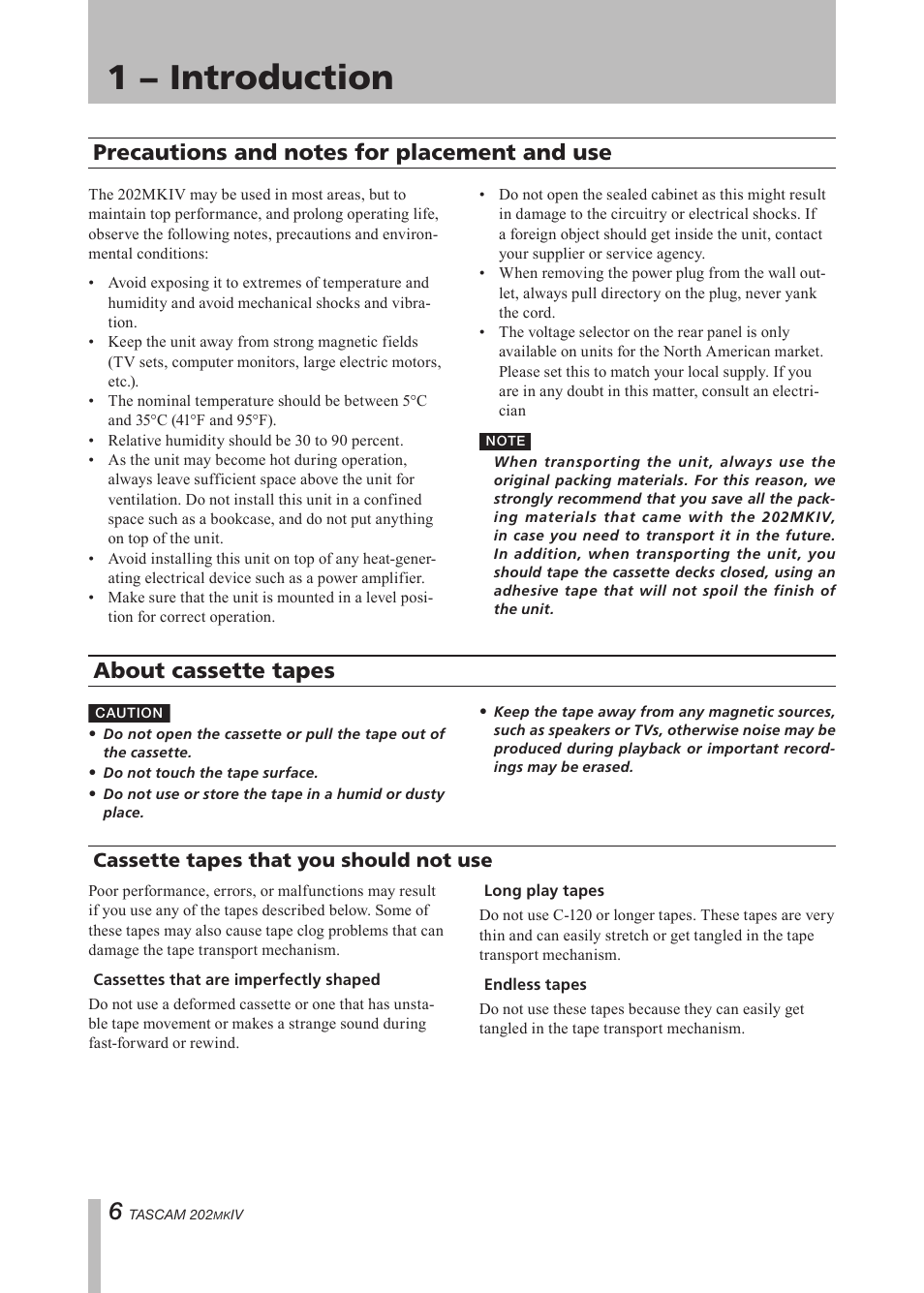 Precautions and notes for placement and use, About cassette tapes, Cassette tapes that you should not use | Cassette tapes that you should not, Important safety precautions, 1 − introduction | Tascam D00935220B User Manual | Page 6 / 28