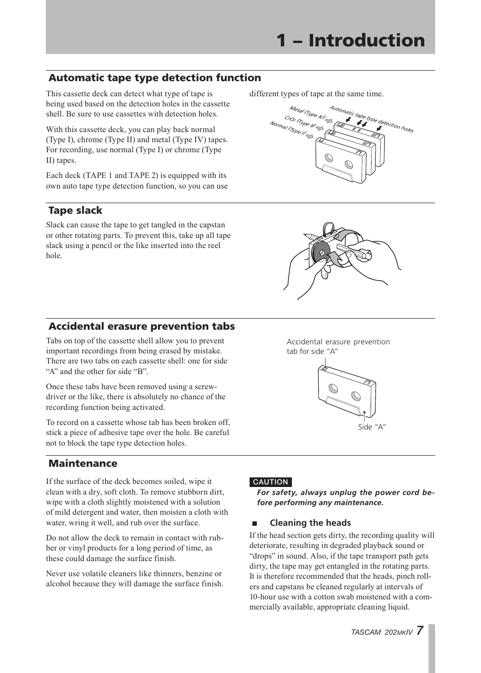 Automatic tape type detection function, Tape slack, Accidental erasure prevention tabs | Maintenance, Cleaning the heads, Automatic tape type detection, Function, Tape slack accidental erasure prevention, Tabs, Important safety instructions | Tascam D00935220B User Manual | Page 7 / 28