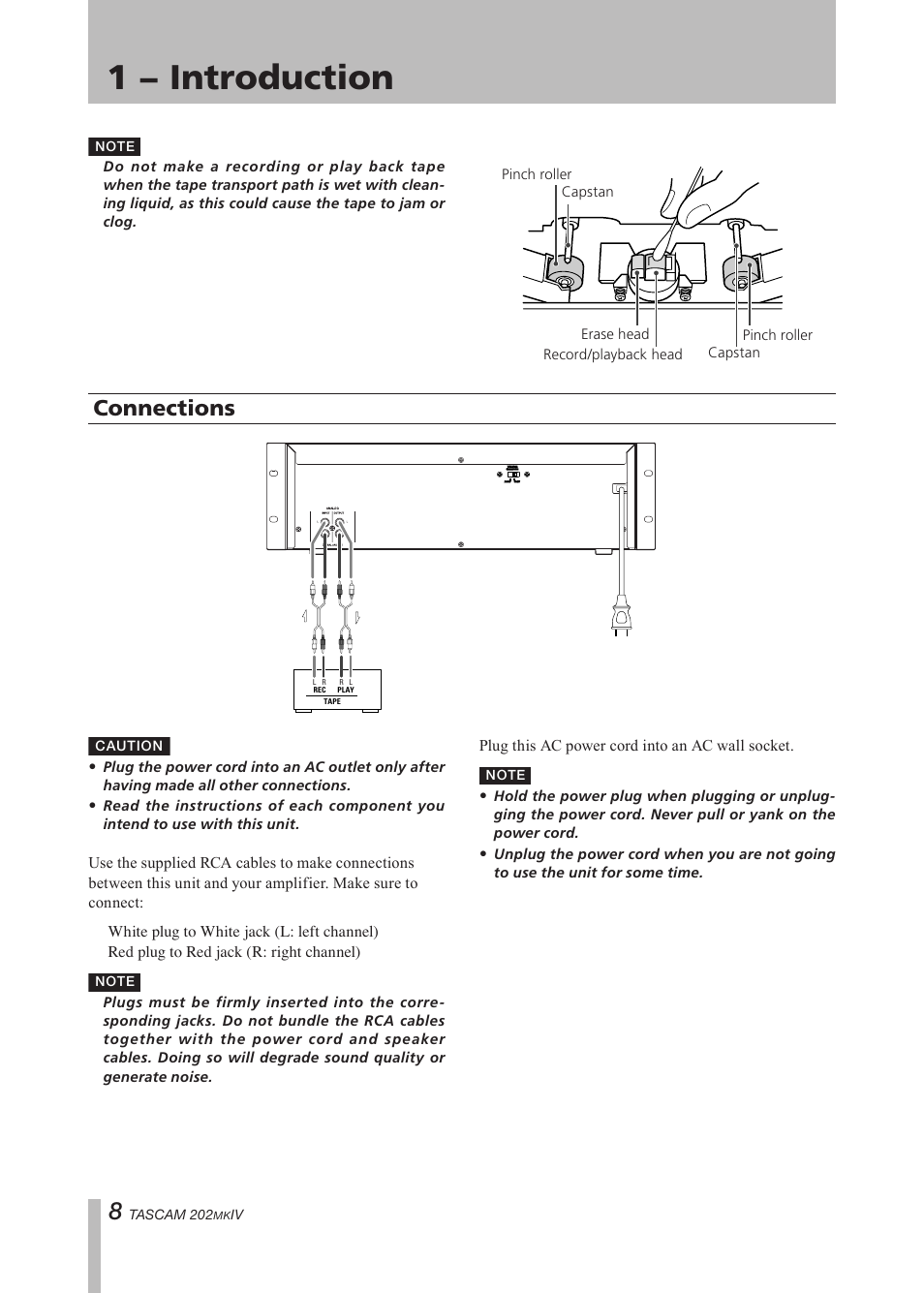 Connections, Important safety precautions, 1 − introduction | Tascam D00935220B User Manual | Page 8 / 28