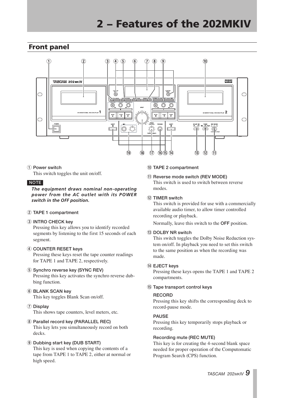 2 − features of the 202mkiv, Front panel, Important safety instructions | Tascam D00935220B User Manual | Page 9 / 28