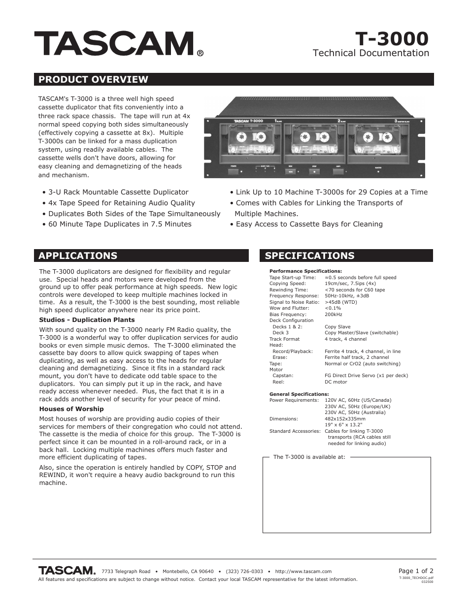 Tascam T-3000 User Manual | 2 pages