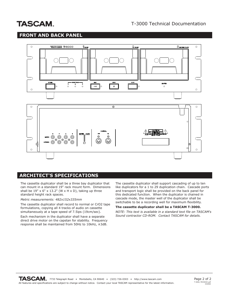 T-3000 technical documentation, Front and back panel architect's specifications | Tascam T-3000 User Manual | Page 2 / 2
