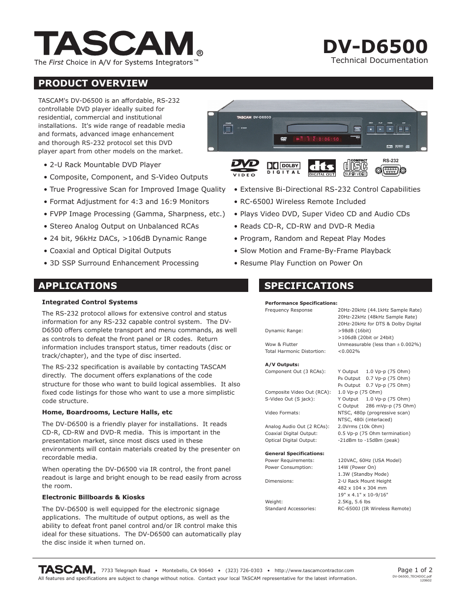 Tascam DV-D6500 User Manual | 2 pages