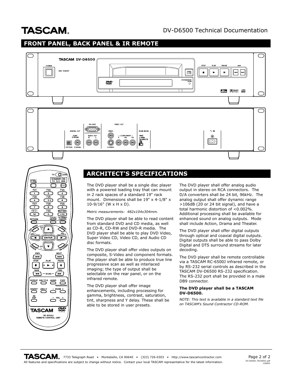 Dv-d6500 technical documentation, Front panel, back panel & ir remote, Architect's specifications | Tascam DV-D6500 User Manual | Page 2 / 2