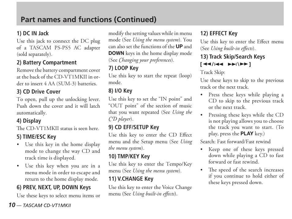 Part names and functions (continued) | Tascam CD-VT1MKII User Manual | Page 10 / 24
