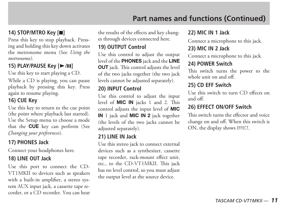 Part names and functions (continued) | Tascam CD-VT1MKII User Manual | Page 11 / 24