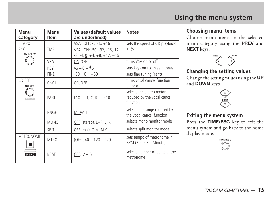 Using the menu system | Tascam CD-VT1MKII User Manual | Page 15 / 24