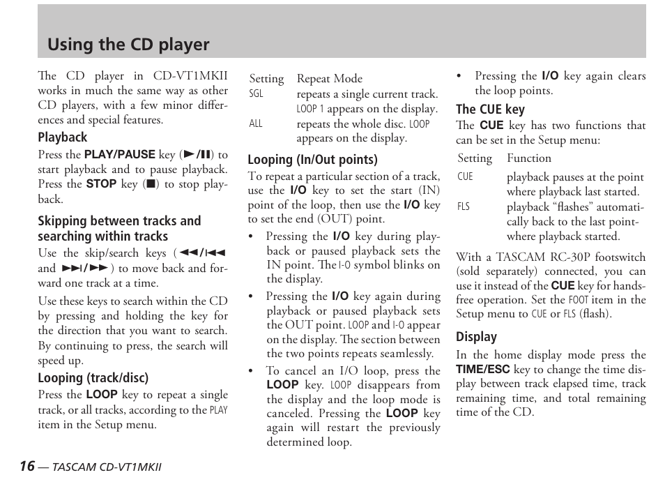Using the cd player | Tascam CD-VT1MKII User Manual | Page 16 / 24