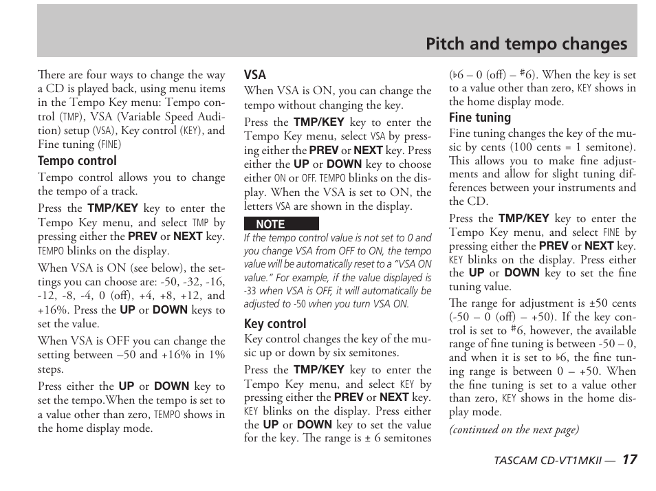 Pitch and tempo changes | Tascam CD-VT1MKII User Manual | Page 17 / 24