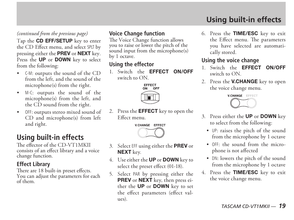 Using built-in effects | Tascam CD-VT1MKII User Manual | Page 19 / 24