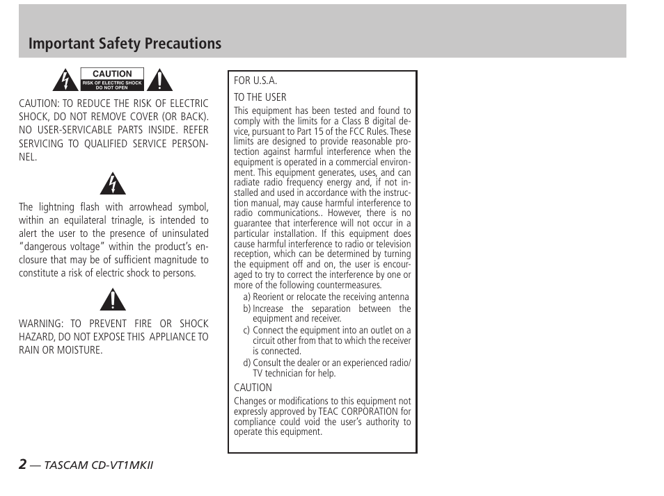 Important safety precautions | Tascam CD-VT1MKII User Manual | Page 2 / 24