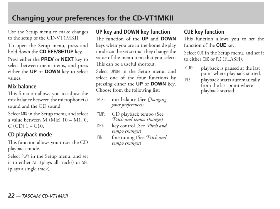 Changing your preferences for the cd-vt1mkii | Tascam CD-VT1MKII User Manual | Page 22 / 24