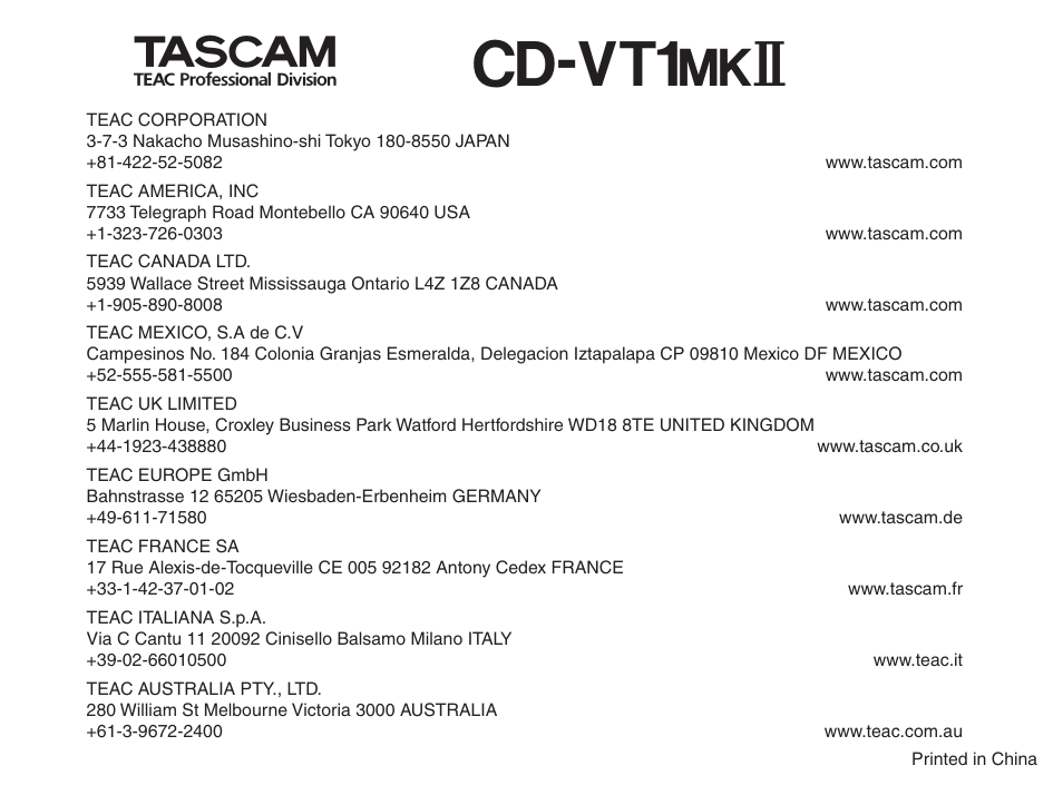 Cd-vt1 | Tascam CD-VT1MKII User Manual | Page 24 / 24