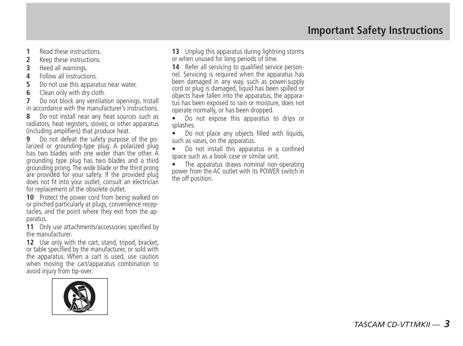 Important safety instructions | Tascam CD-VT1MKII User Manual | Page 3 / 24