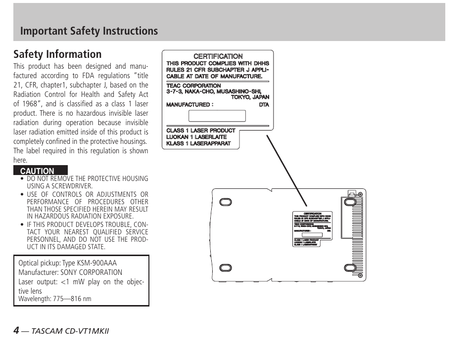 Safety information, Important safety instructions | Tascam CD-VT1MKII User Manual | Page 4 / 24