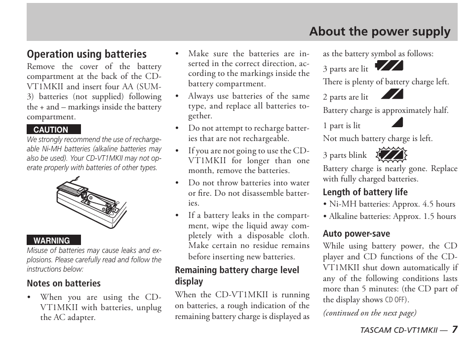 About the power supply, Operation using batteries | Tascam CD-VT1MKII User Manual | Page 7 / 24
