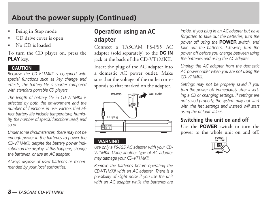 About the power supply (continued), Operation using an ac adapter | Tascam CD-VT1MKII User Manual | Page 8 / 24