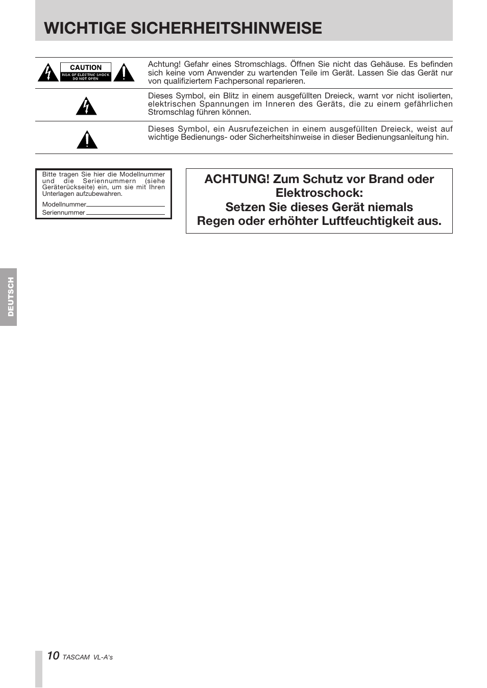 Wichtige sicherheitshinweise | Tascam VL-A8/LF-S8 User Manual | Page 10 / 56