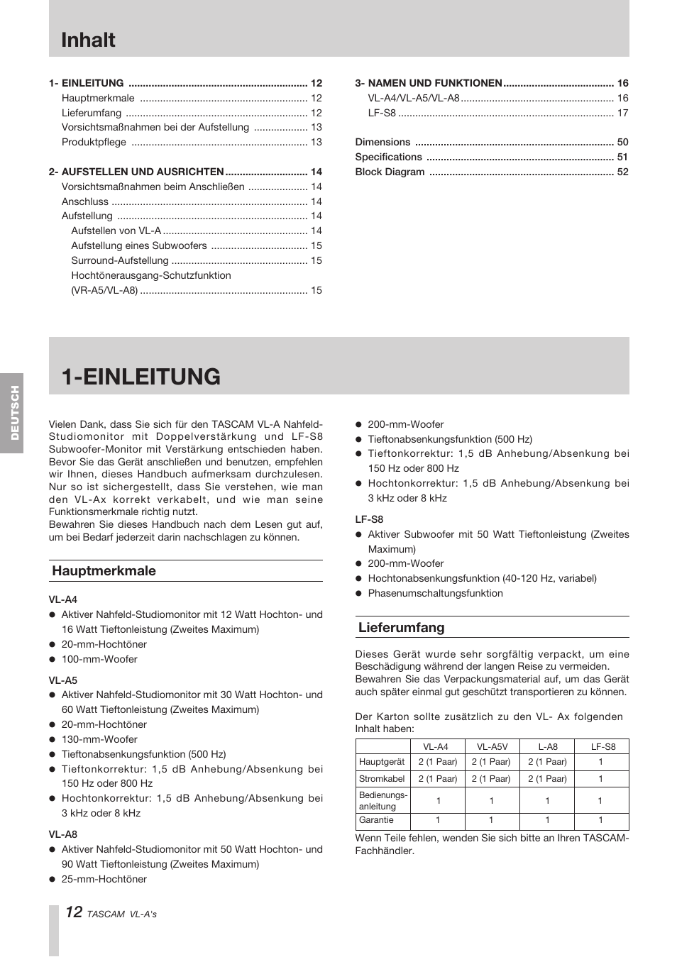 Inhalt, Einleitung, Hauptmerkmale | Lieferumfang | Tascam VL-A8/LF-S8 User Manual | Page 12 / 56