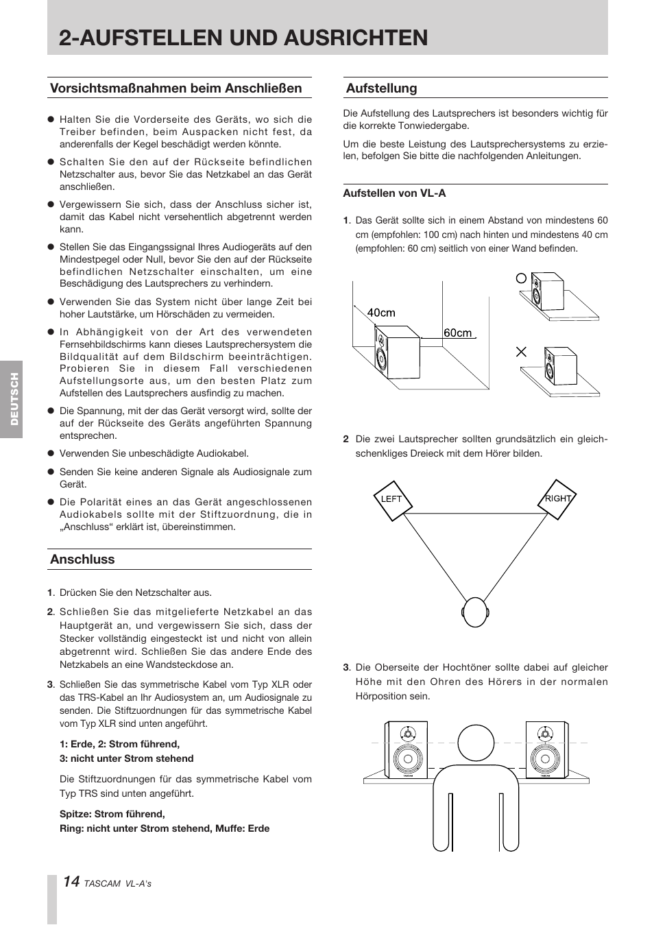 Aufstellen und ausrichten, Vorsichtsmaßnahmen beim anschließen, Anschluss | Aufstellung | Tascam VL-A8/LF-S8 User Manual | Page 14 / 56