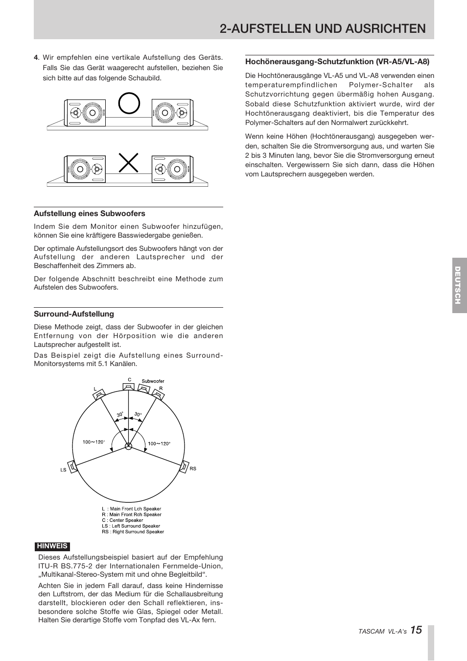 Aufstellen und ausrichten | Tascam VL-A8/LF-S8 User Manual | Page 15 / 56