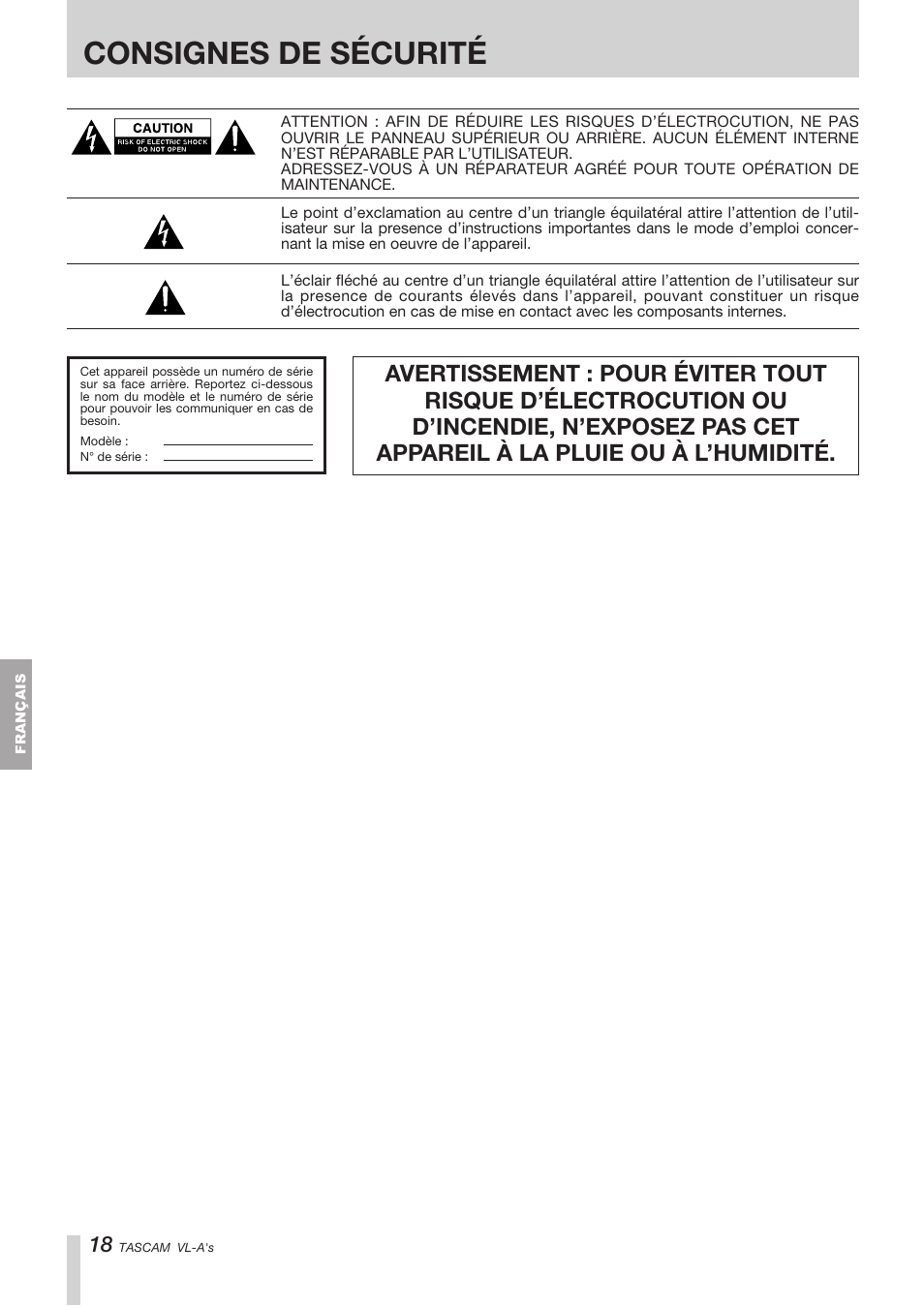 Consignes de sécurité | Tascam VL-A8/LF-S8 User Manual | Page 18 / 56