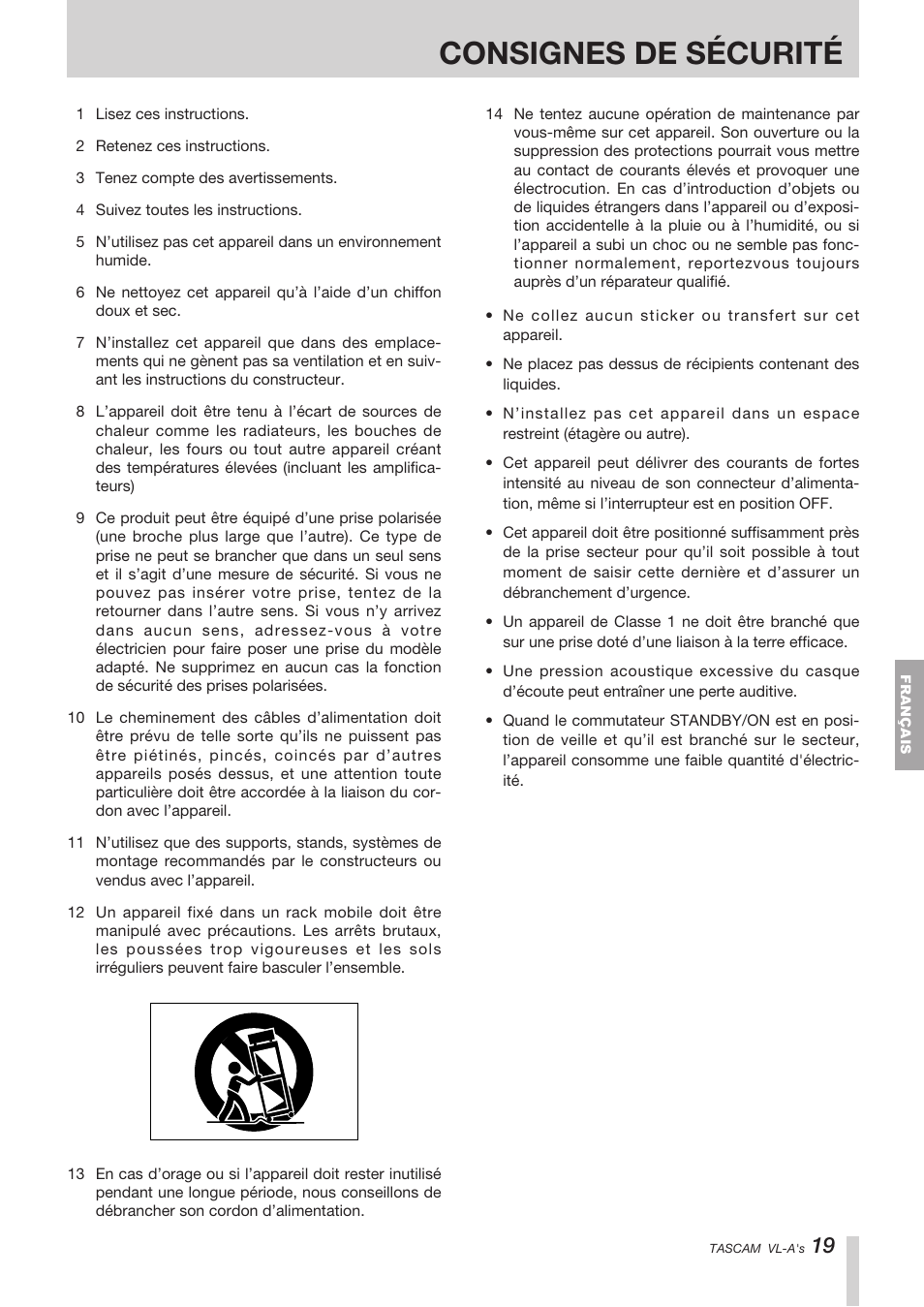 Consignes de sécurité | Tascam VL-A8/LF-S8 User Manual | Page 19 / 56