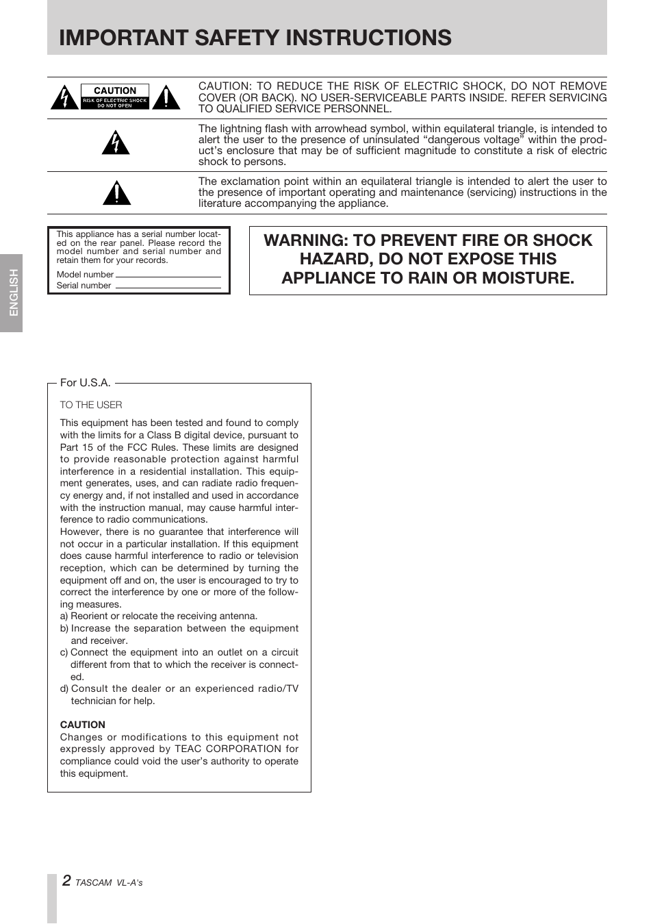 Important safety instructions | Tascam VL-A8/LF-S8 User Manual | Page 2 / 56