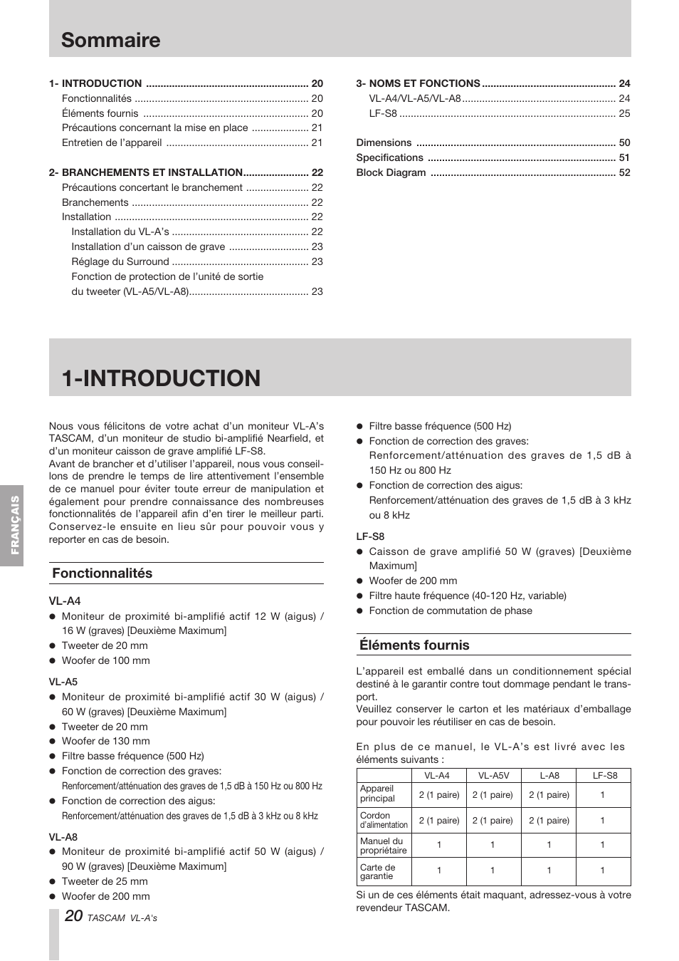 Sommaire, Introduction, Fonctionnalités | Éléments fournis | Tascam VL-A8/LF-S8 User Manual | Page 20 / 56