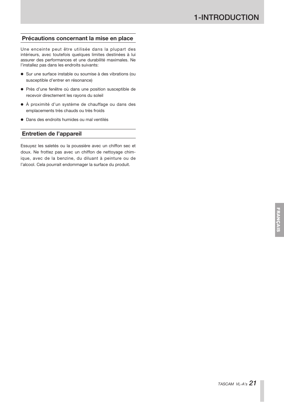 Précautions concernant la mise en place, Entretien de l’appareil, Introduction | Tascam VL-A8/LF-S8 User Manual | Page 21 / 56