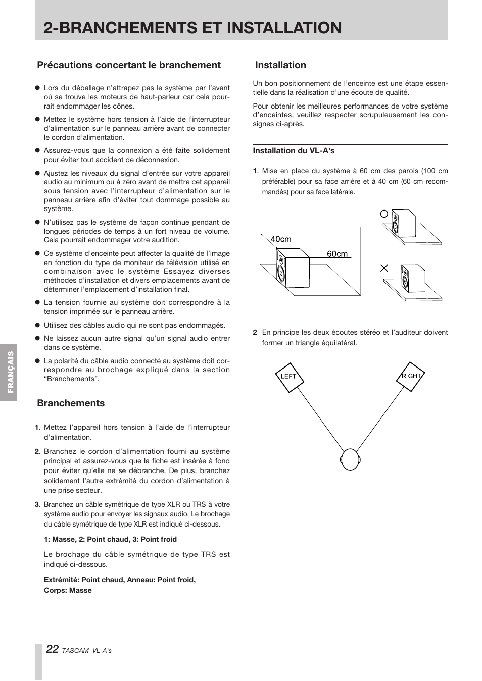 Branchements et installation, Précautions concertant le branchement, Branchements | Installation | Tascam VL-A8/LF-S8 User Manual | Page 22 / 56