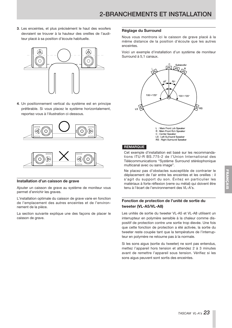 Branchements et installation | Tascam VL-A8/LF-S8 User Manual | Page 23 / 56