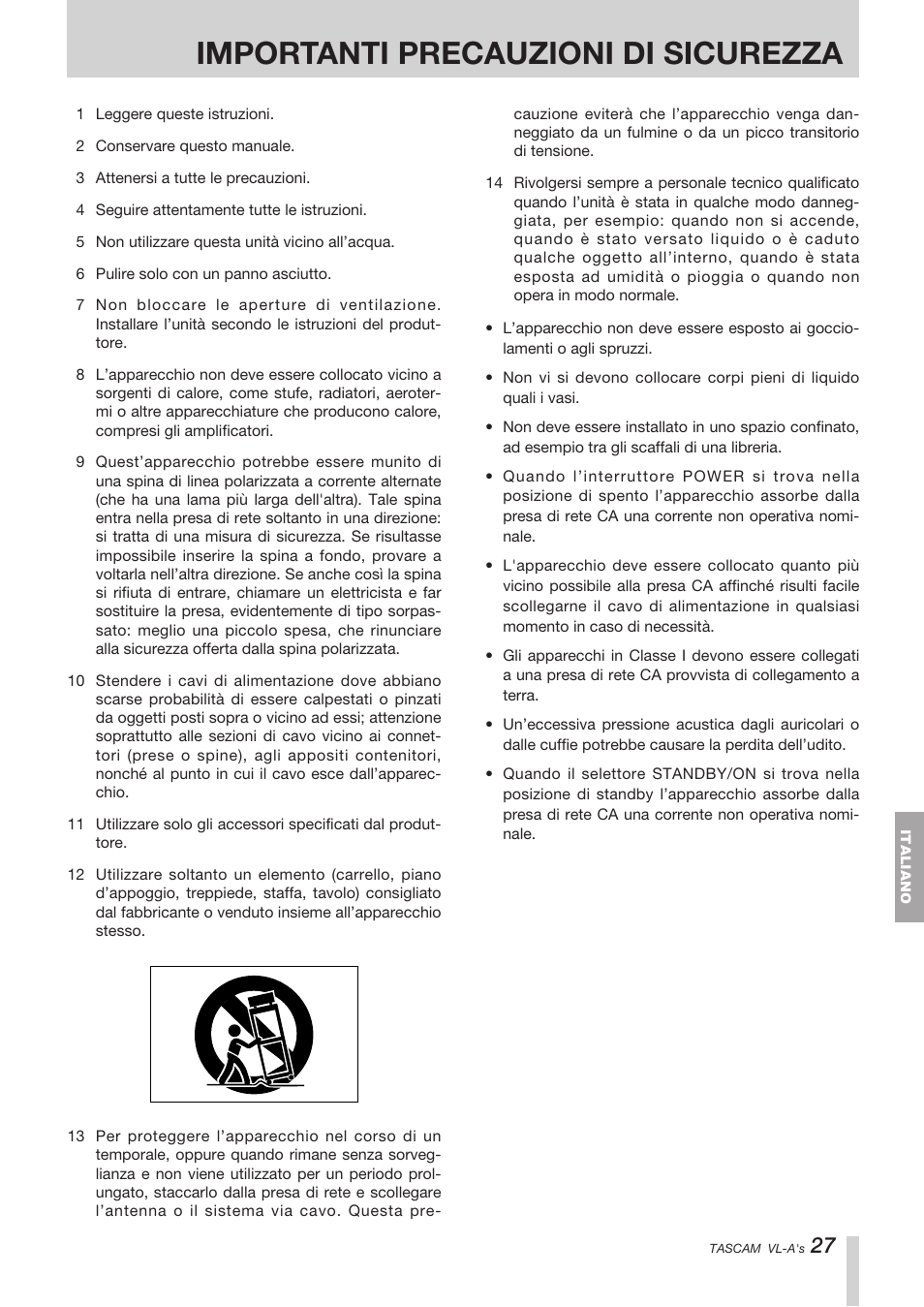 Importanti precauzioni di sicurezza | Tascam VL-A8/LF-S8 User Manual | Page 27 / 56