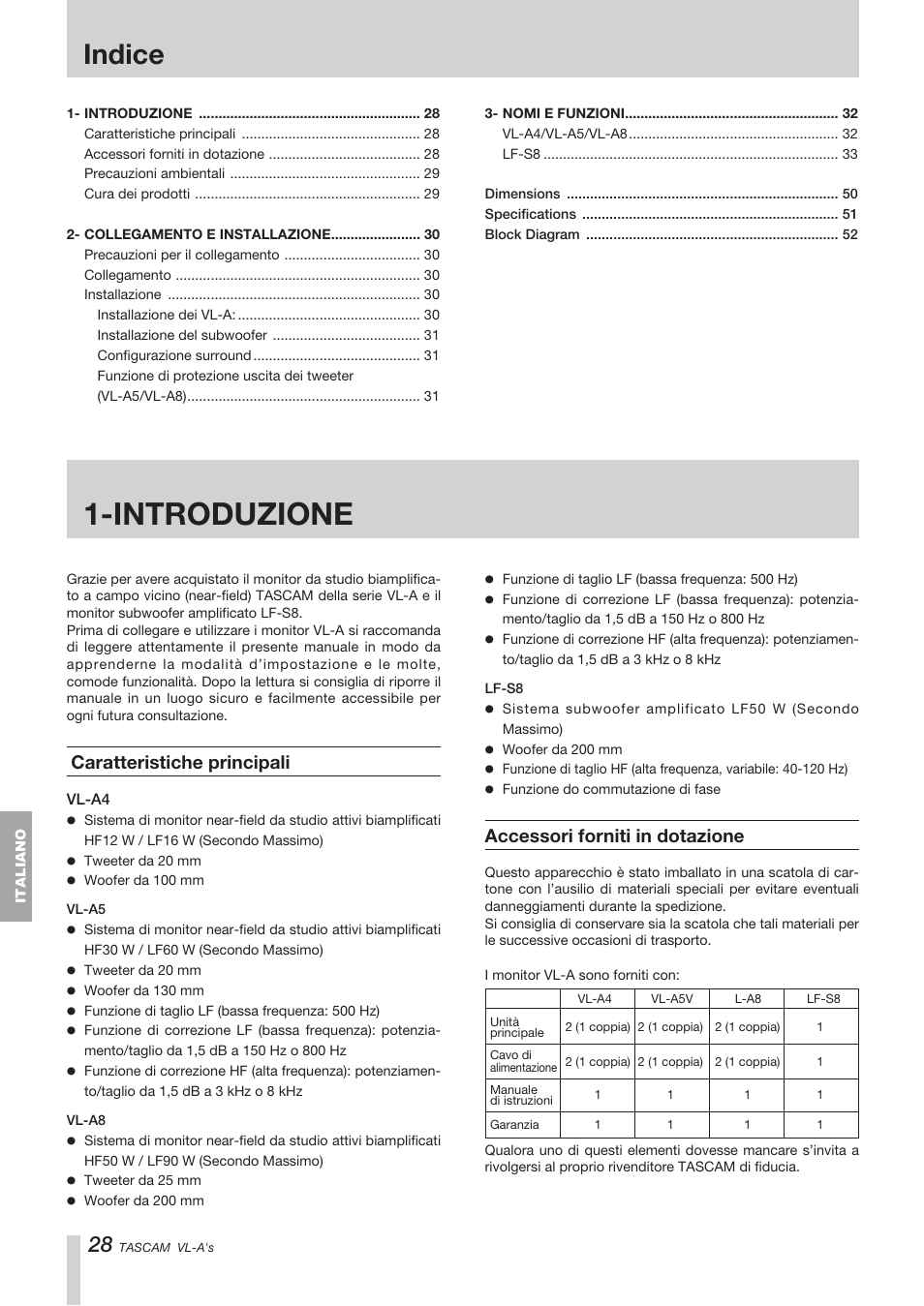 Indice, Introduzione, Caratteristiche principali | Accessori forniti in dotazione | Tascam VL-A8/LF-S8 User Manual | Page 28 / 56