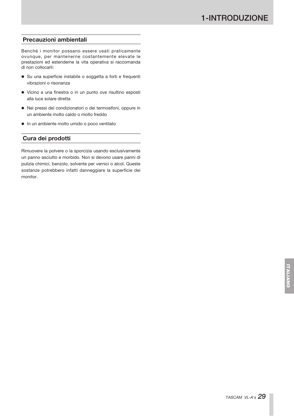 Precauzioni ambientali, Cura dei prodotti, Introduzione | Tascam VL-A8/LF-S8 User Manual | Page 29 / 56