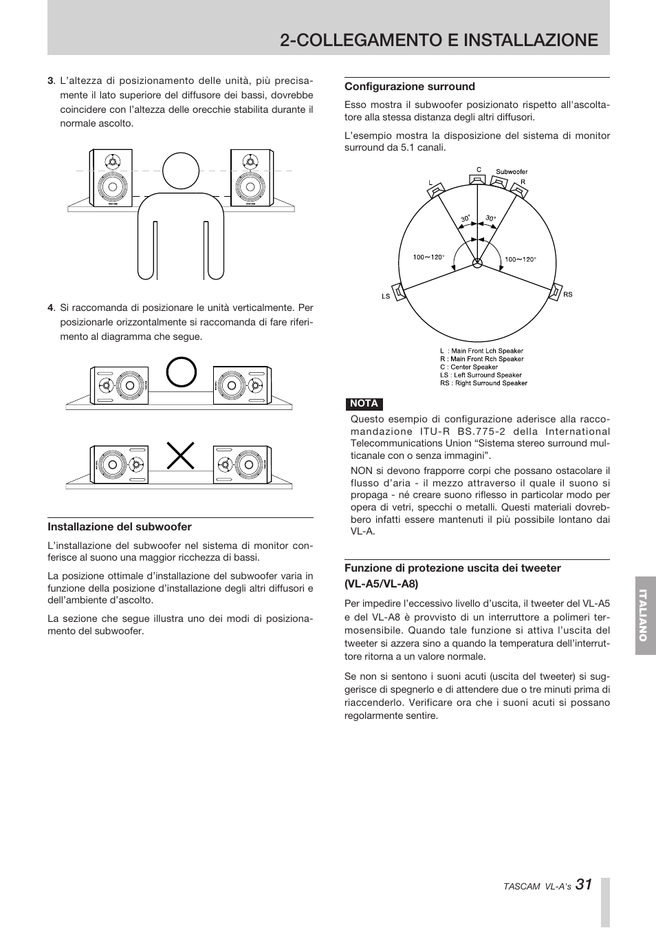 Collegamento e installazione | Tascam VL-A8/LF-S8 User Manual | Page 31 / 56