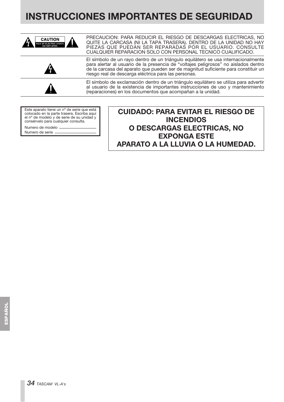 Instrucciones importantes de seguridad | Tascam VL-A8/LF-S8 User Manual | Page 34 / 56