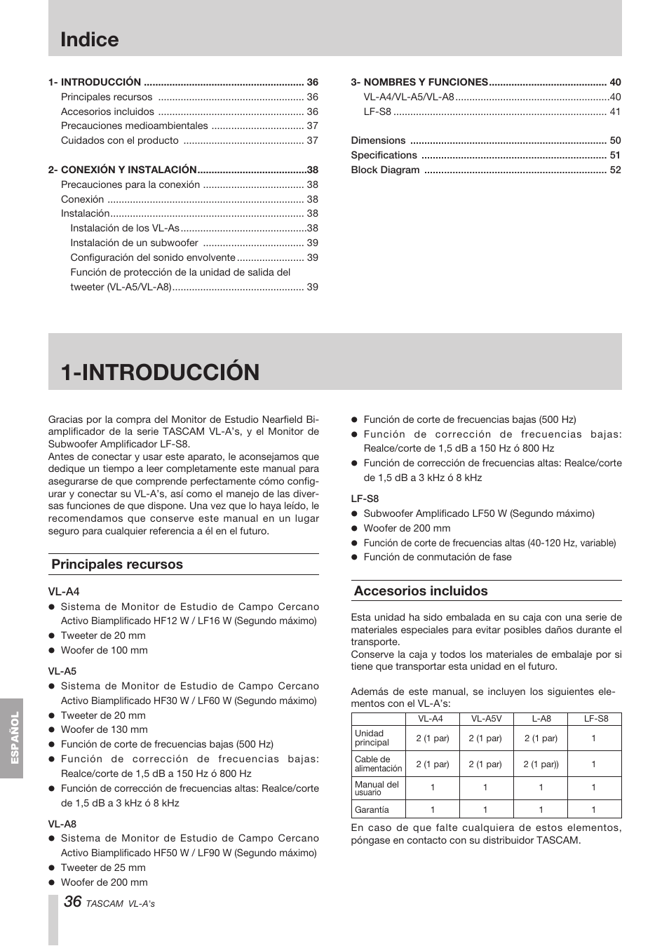 Indice, Introducción, Principales recursos | Accesorios incluidos | Tascam VL-A8/LF-S8 User Manual | Page 36 / 56