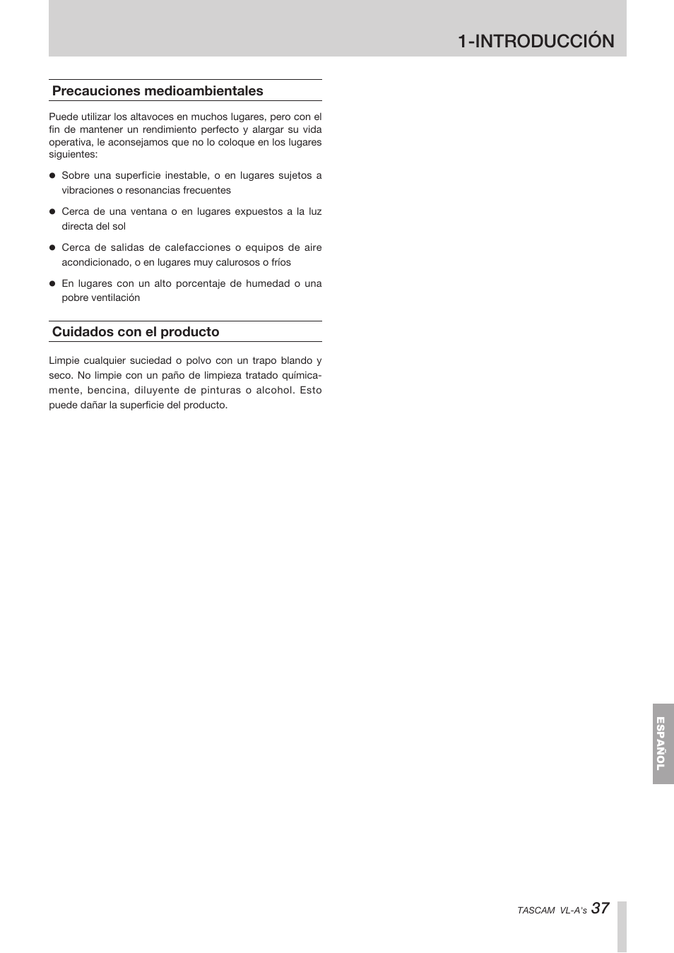 Precauciones medioambientales, Cuidados con el producto, Introducción | Tascam VL-A8/LF-S8 User Manual | Page 37 / 56