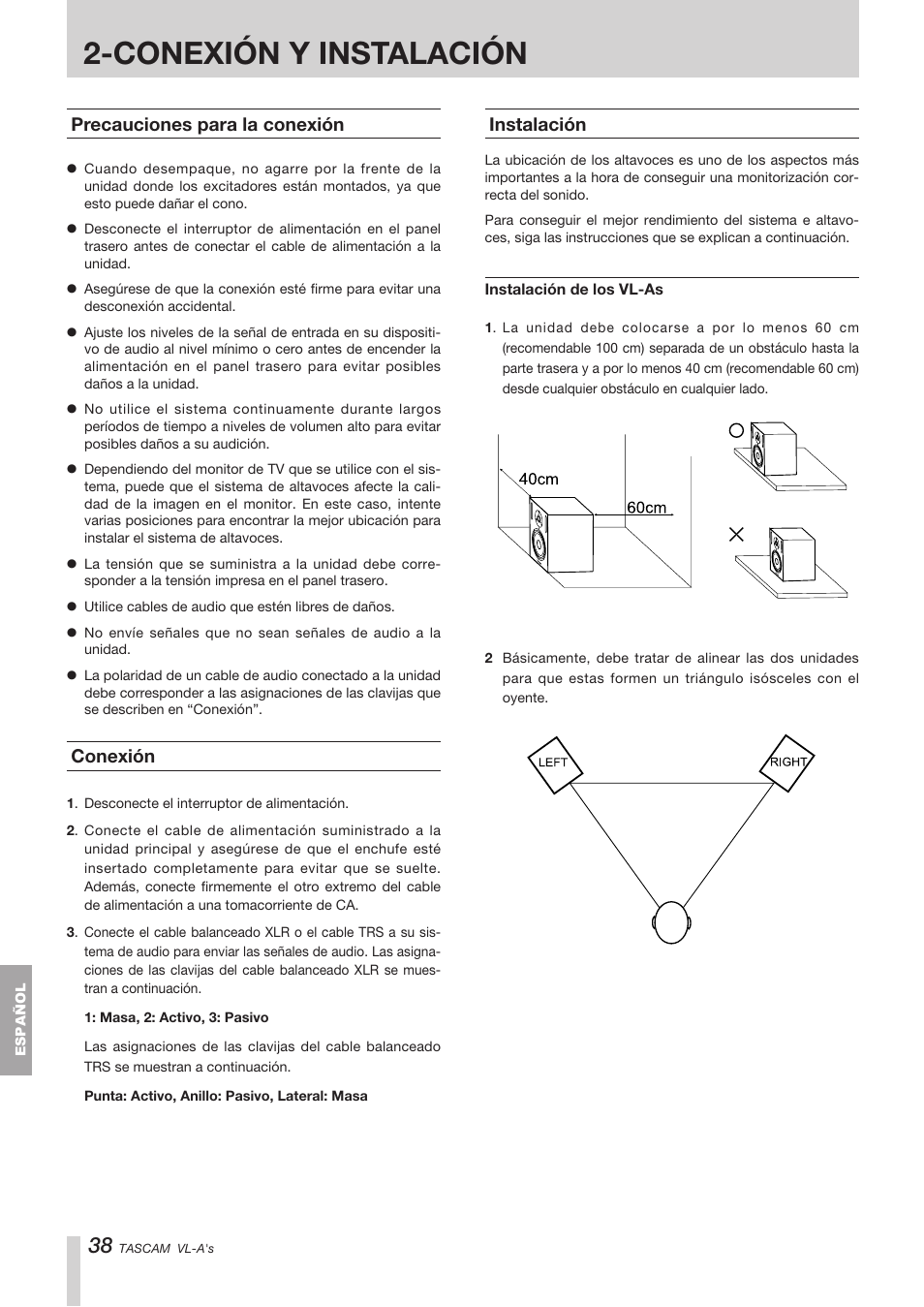 Conexión y instalación, Precauciones para la conexión, Conexión | Instalación | Tascam VL-A8/LF-S8 User Manual | Page 38 / 56