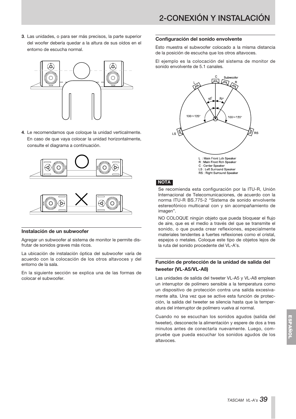 Conexión y instalación | Tascam VL-A8/LF-S8 User Manual | Page 39 / 56