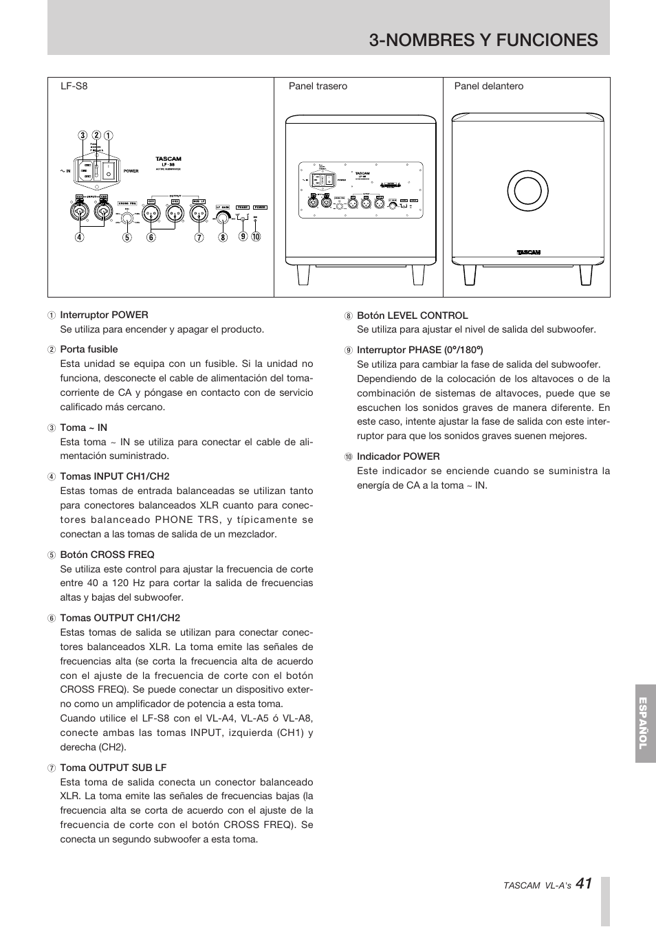 Nombres y funciones | Tascam VL-A8/LF-S8 User Manual | Page 41 / 56